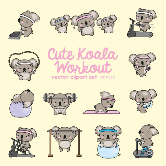 Premium Vector Clipart - Kawaii Workout Koalas - Cute Workout Koalas Clipart Set - High Quality Vectors - Kawaii Workout Clipart