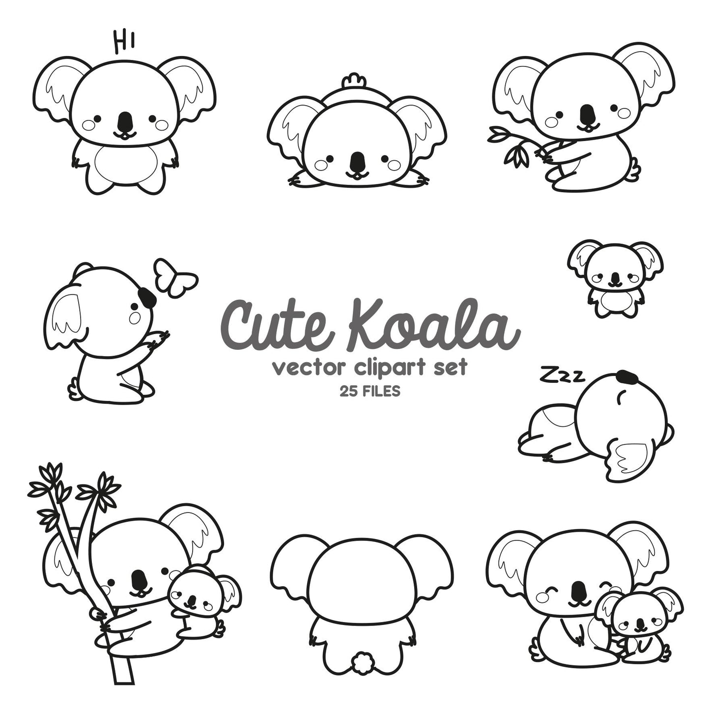 Premium Vector Clipart - Kawaii Koala Outlines - Cute Koalas Outlines Clipart Set - High Quality Vectors - Instant Download