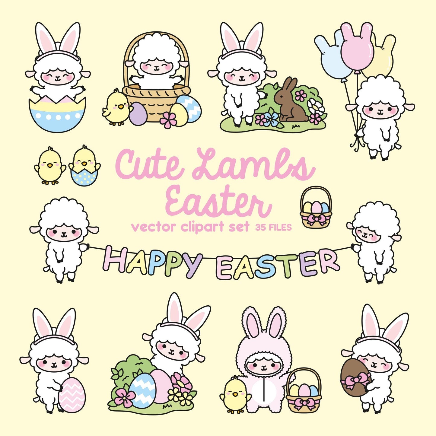 Premium Vector Clipart - Kawaii Easter Sheep - Cute Easter Sheep Clipart Set - High Quality Vectors - Kawaii Easter Clipart