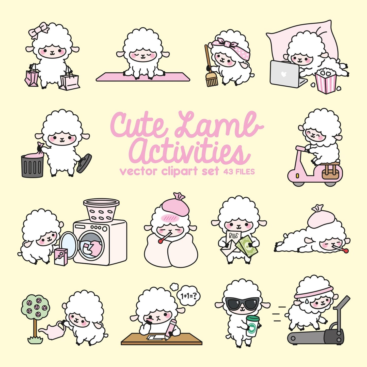 Premium Vector Clipart - Kawaii Lambs - Cute Lambs Planning Clipart - Instant Download - Kawaii Clipart - Cute Sheep