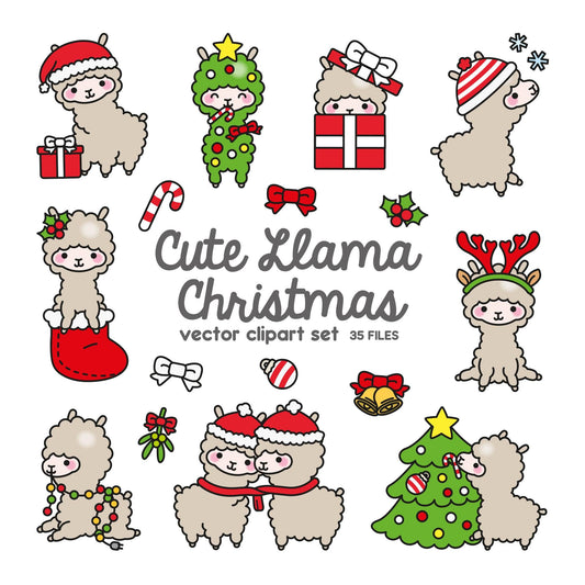 Premium Vector Clipart - Kawaii Christmas Llamas - Cute Christmas Llamas Clipart Set - High Quality Vectors - Kawaii Christmas Clipart