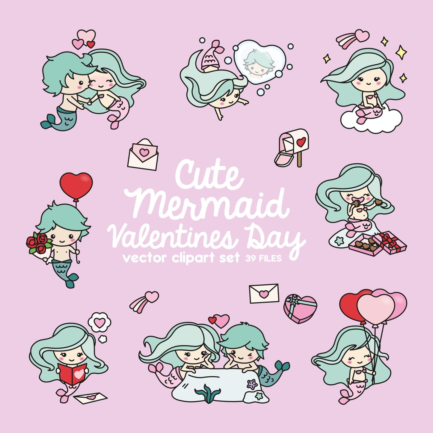 Premium Vector Clipart - Kawaii Valentines Mermaids - Valentines Day Mermaids Clipart Set - High Quality Vectors Cute Valentines Day Clipart