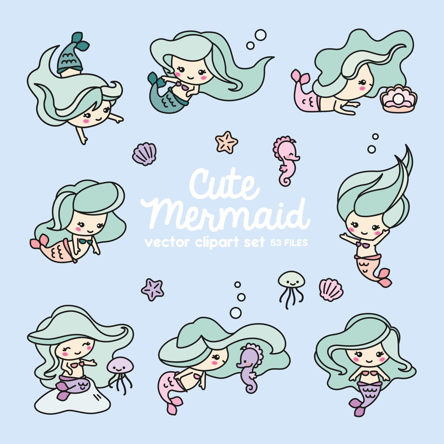 Premium Vector Clipart - Kawaii Mermaids - Cute Mermaids Clipart Set - High Quality Vectors - Instant Download - Kawaii Clipart