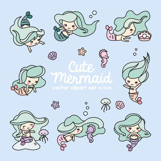 Premium Vector Clipart - Kawaii Mermaids - Cute Mermaids Clipart Set - High Quality Vectors - Instant Download - Kawaii Clipart