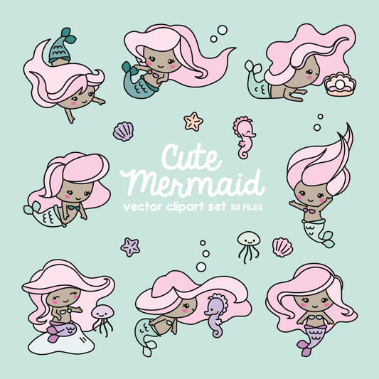 Premium Vector Clipart - Kawaii Mermaids - Cute Mermaids Clipart Set - Colour Variation - High Quality Vectors - Kawaii Clipart