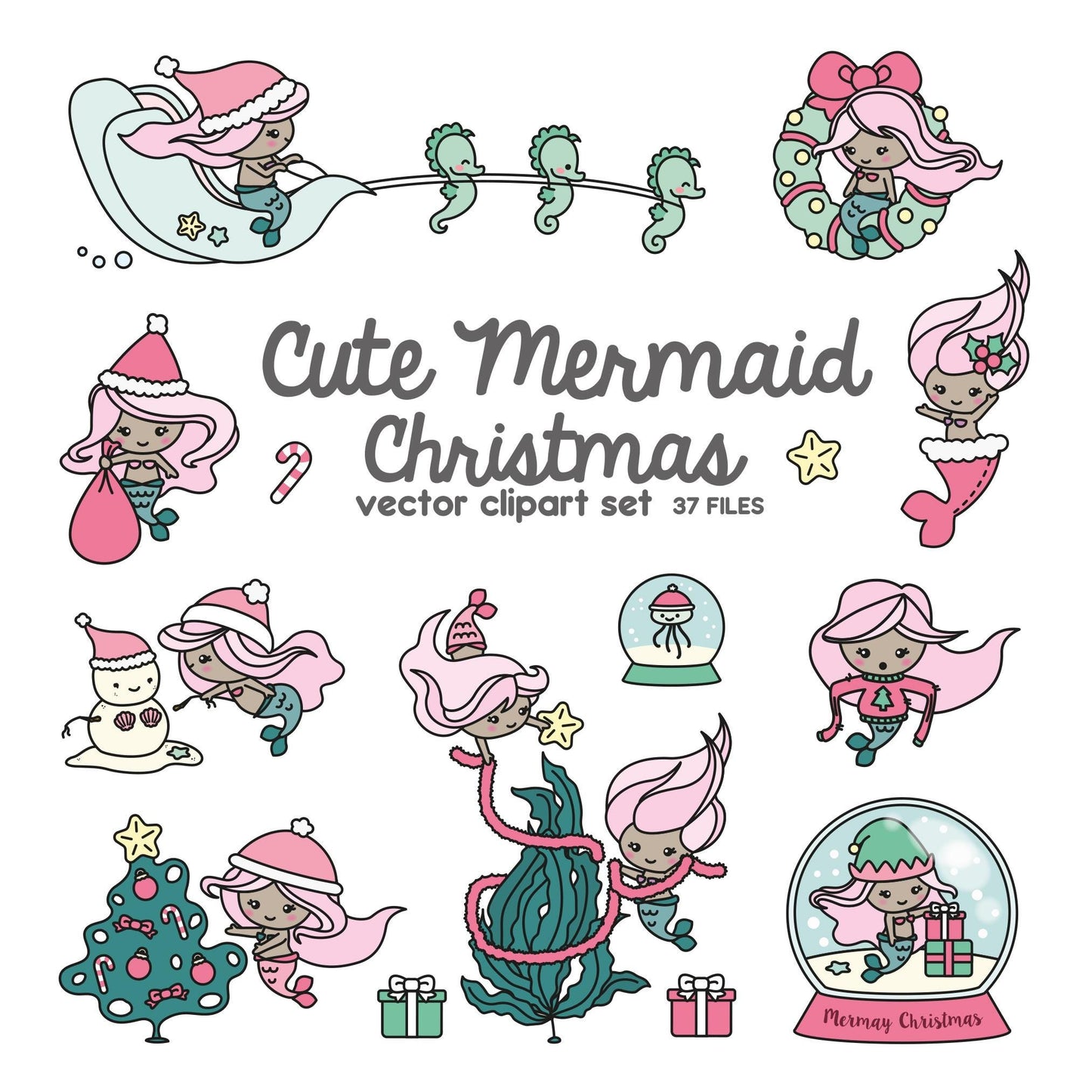 Premium Vector Clipart - Kawaii Christmas Mermaids - Cute Christmas Mermaid Clipart Set - Darker Skin Tone - Kawaii Christmas Clipart