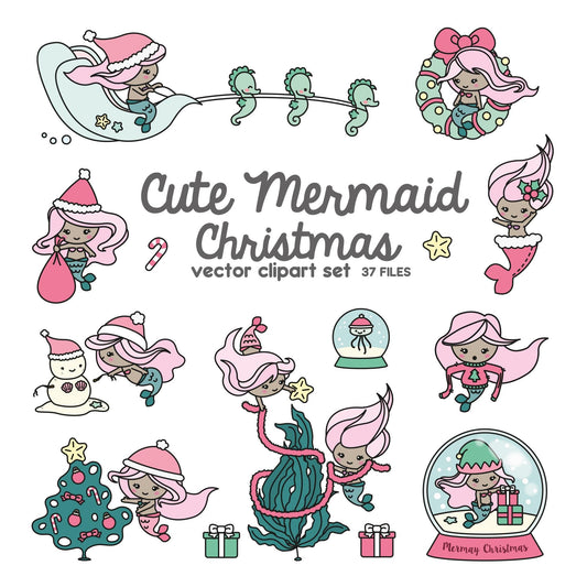 Premium Vector Clipart - Kawaii Christmas Mermaids - Cute Christmas Mermaid Clipart Set - Darker Skin Tone - Kawaii Christmas Clipart