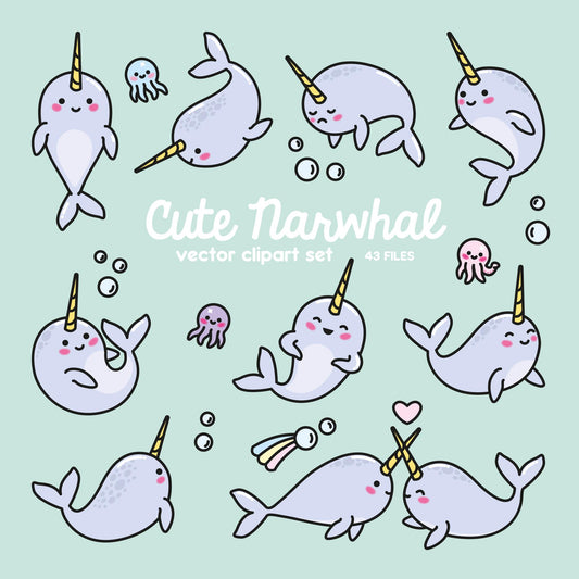 Premium Vector Clipart - Kawaii Narwhal - Cute Narwhal Clipart Set - High Quality Vectors - Instant Download - Kawaii Clipart