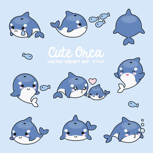 Premium Vector Clipart - Kawaii Orcas - Cute Orcas Clipart Set - High Quality Vectors - Instant Download - Kawaii Clipart