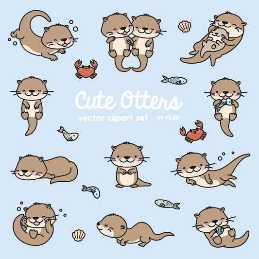 Premium Vector Clipart - Kawaii Otters - Cute Otters Clipart Set - High Quality Vectors - Instant Download - Kawaii Clipart