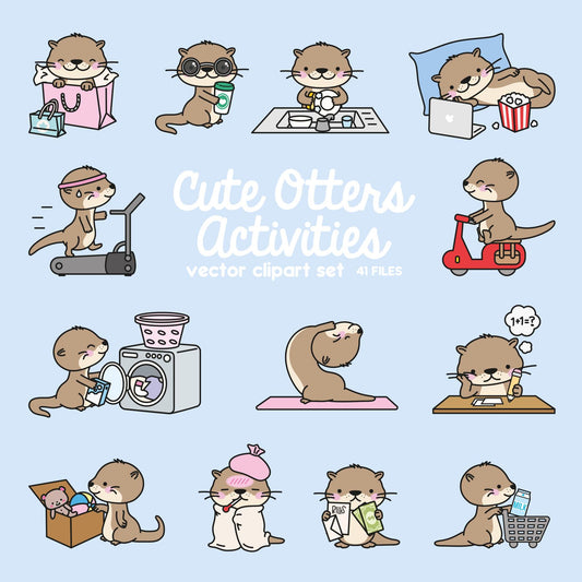 Premium Vector Clipart - Kawaii Otter - Cute Otters Planning Clipart - Getting Stuff Done - Instant Download - Kawaii Clipart