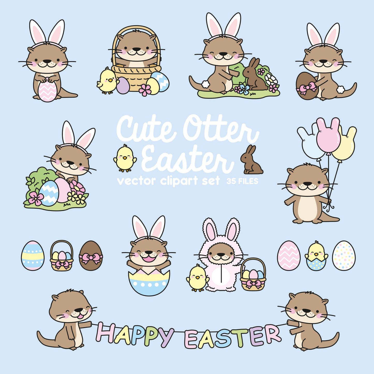 Premium Vector Clipart - Kawaii Otter - Cute Otters Clipart - Easter Otters - Instant Download - Kawaii Clipart