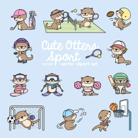 Premium Vector Clipart - Kawaii Sporty Otter - Cute Otter Sport Clipart - Instant Download - Kawaii Clipart