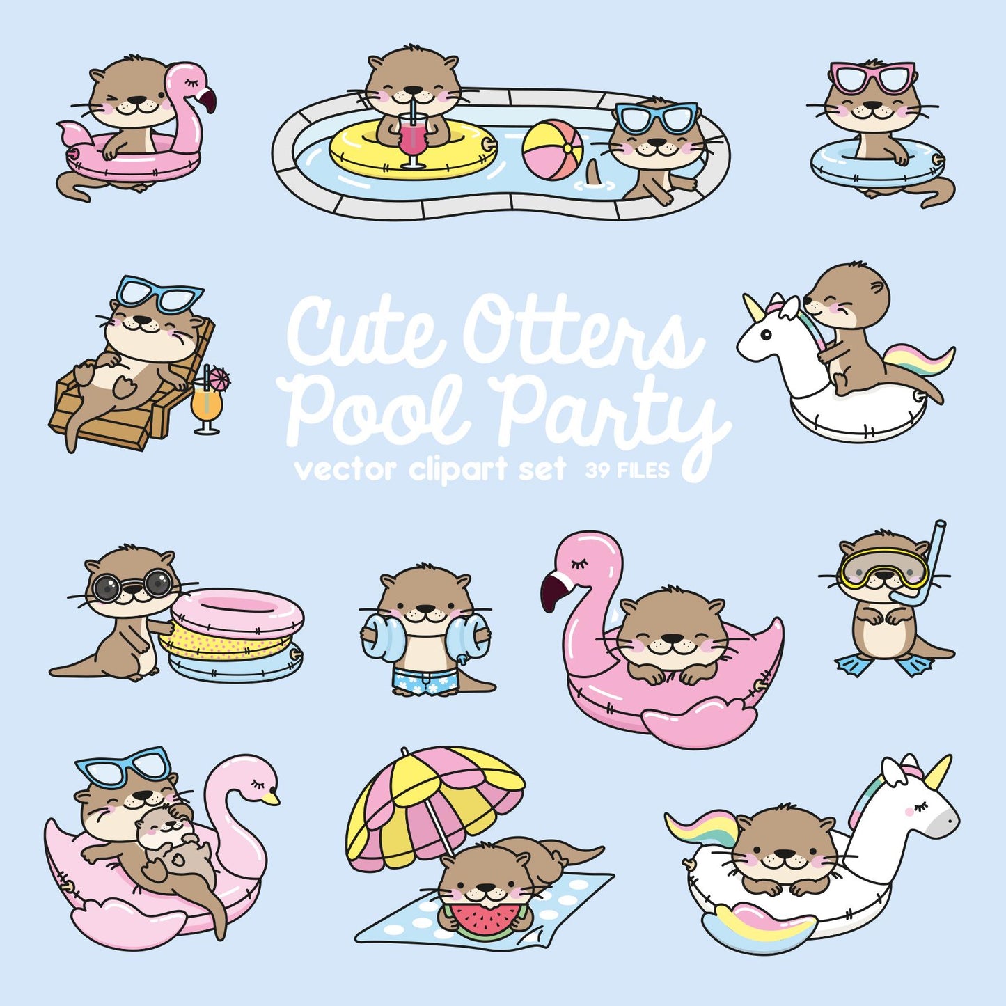 Premium Vector Clipart - Kawaii Otter - Cute Otters Pool Party Clipart - Pool Party - Instant Download - Kawaii Clipart