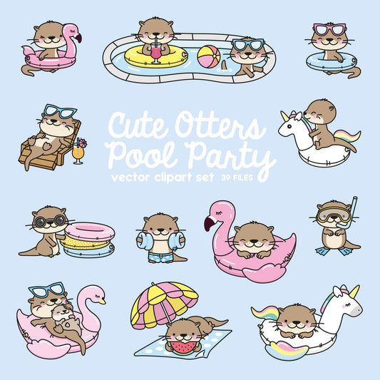 Premium Vector Clipart - Kawaii Otter - Cute Otters Pool Party Clipart - Pool Party - Instant Download - Kawaii Clipart