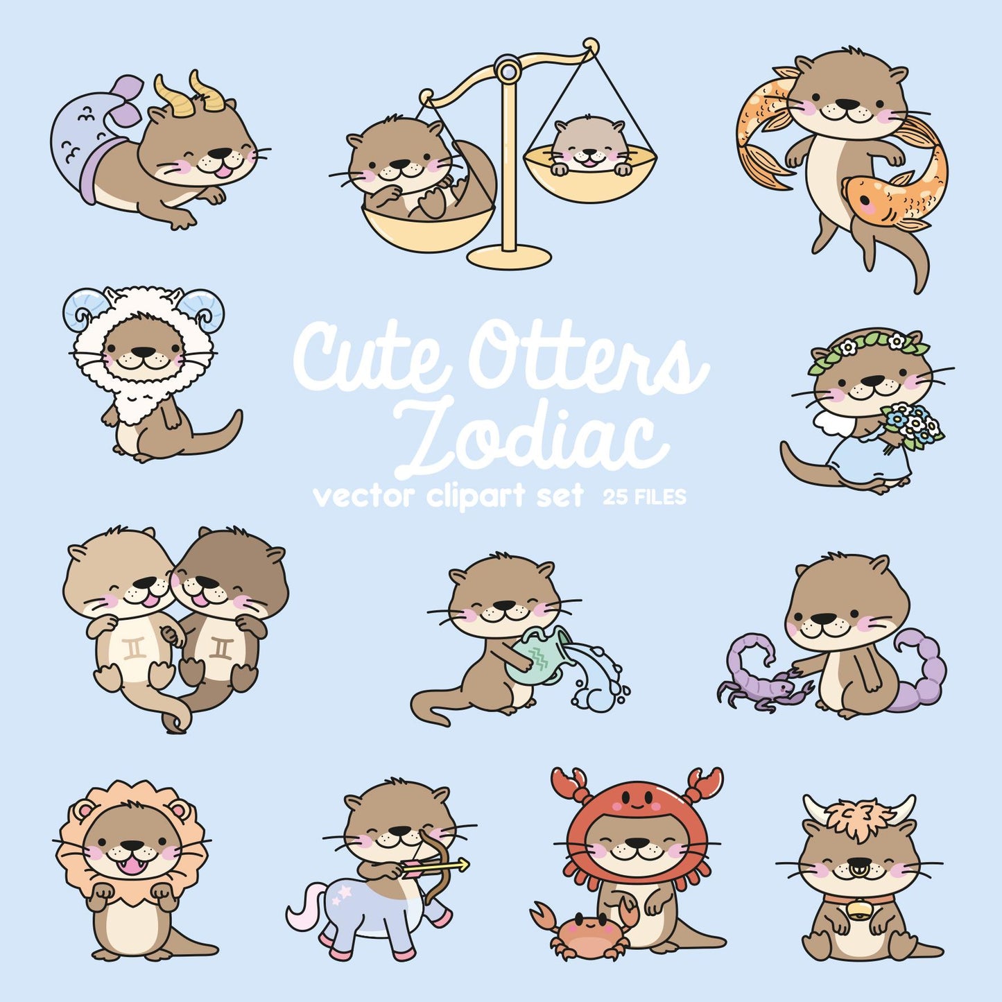 Premium Vector Clipart - Kawaii Otters Zodiac - Cute Otter Star Signs Clipart Set - High Quality Vectors - Instant Download - Kawaii Clipart