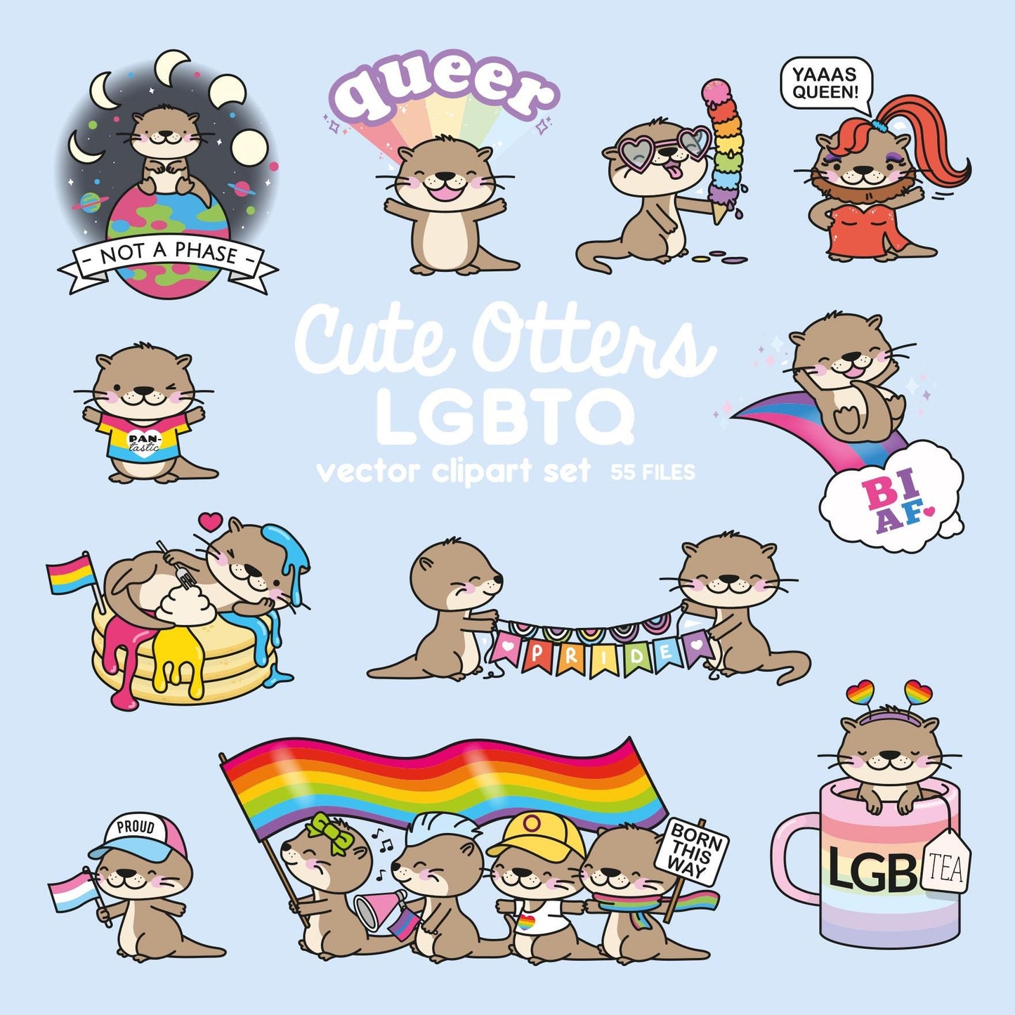 Premium Vector Clipart - Kawaii LGBTQ Pride Otter - Cute Otter Queer Pride Clipart - Instant Download - Kawaii Clipart