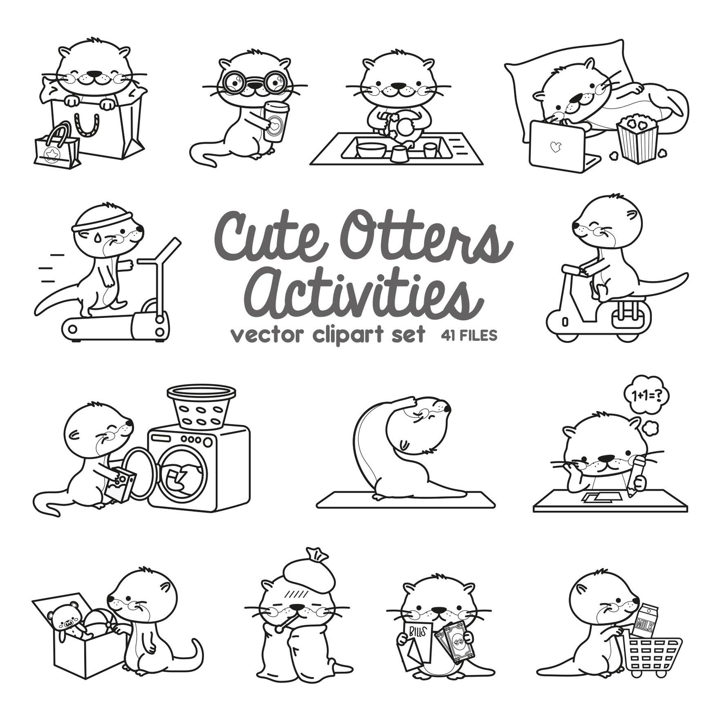 Premium Vector Clipart - Kawaii Otter - Cute Otters Planning Clipart - Getting Stuff Done - Instant Download - Kawaii Clipart - Outlines