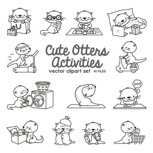 Premium Vector Clipart - Kawaii Otter - Cute Otters Planning Clipart - Getting Stuff Done - Instant Download - Kawaii Clipart - Outlines