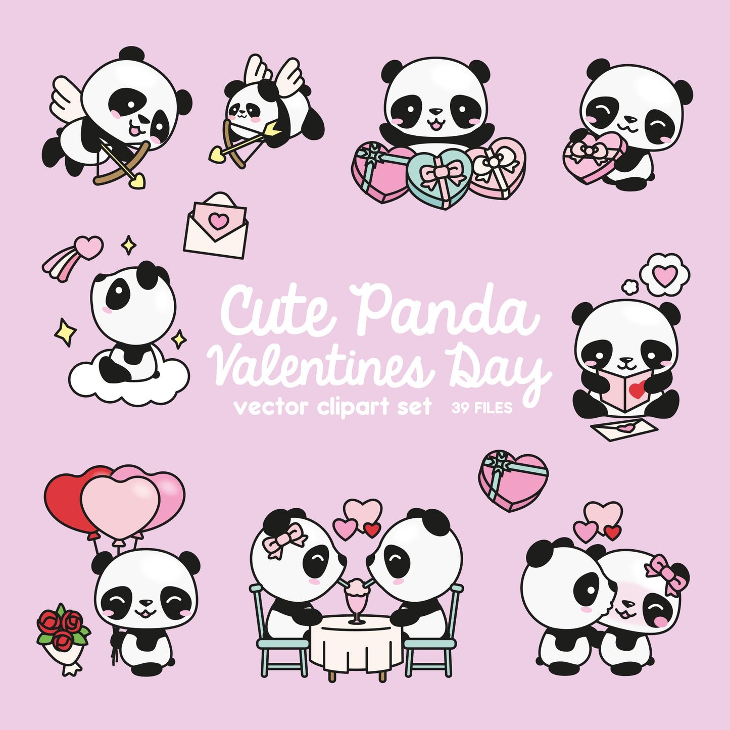 Premium Vector Clipart - Kawaii Valentines Day Pandas - Valentines Day Panda Clipart Set - High Quality Vectors Cute Valentines Day Clipart