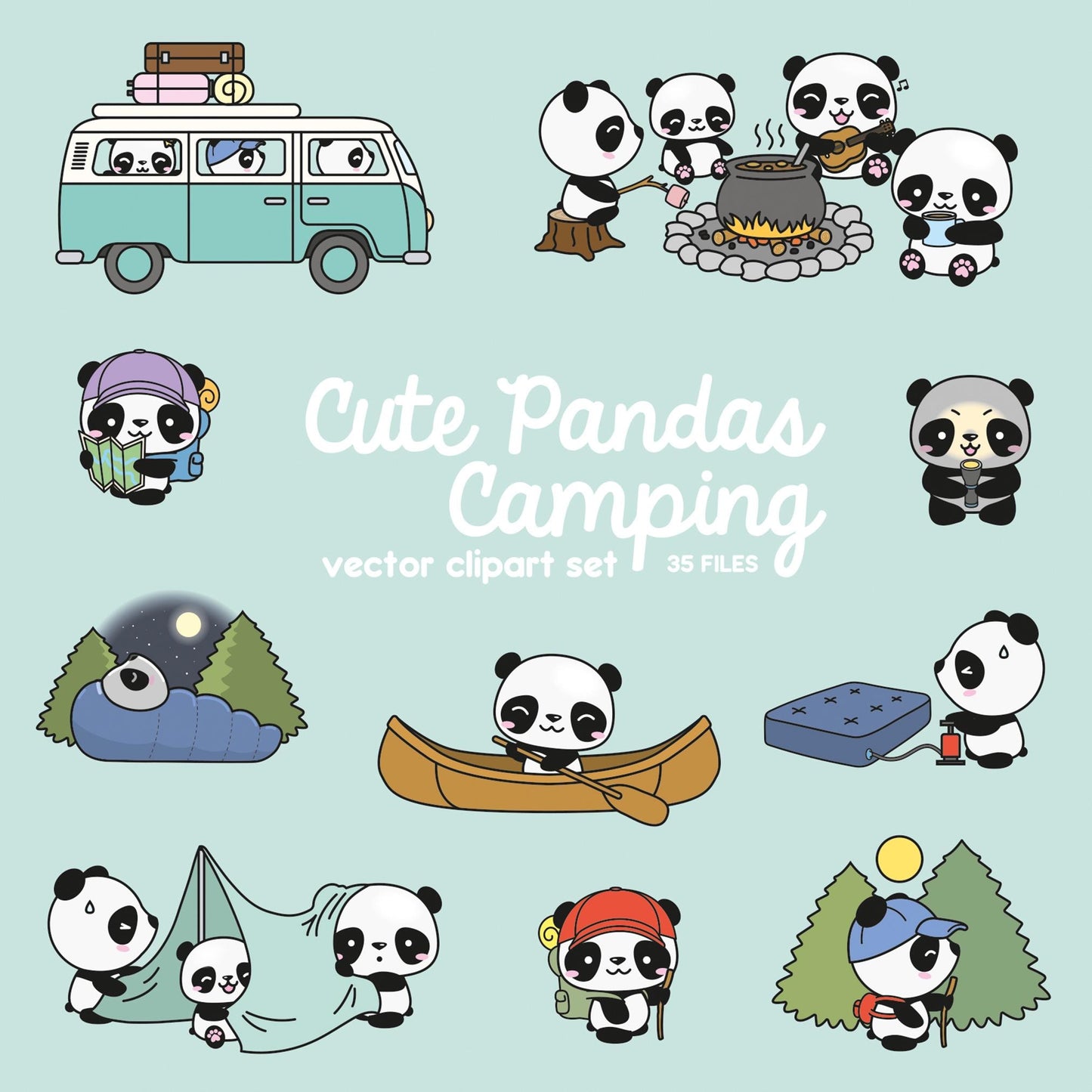 Premium Vector Clipart - Kawaii Panda - Cute Panda Camping Clipart Set - Instant Download - Kawaii Clipart