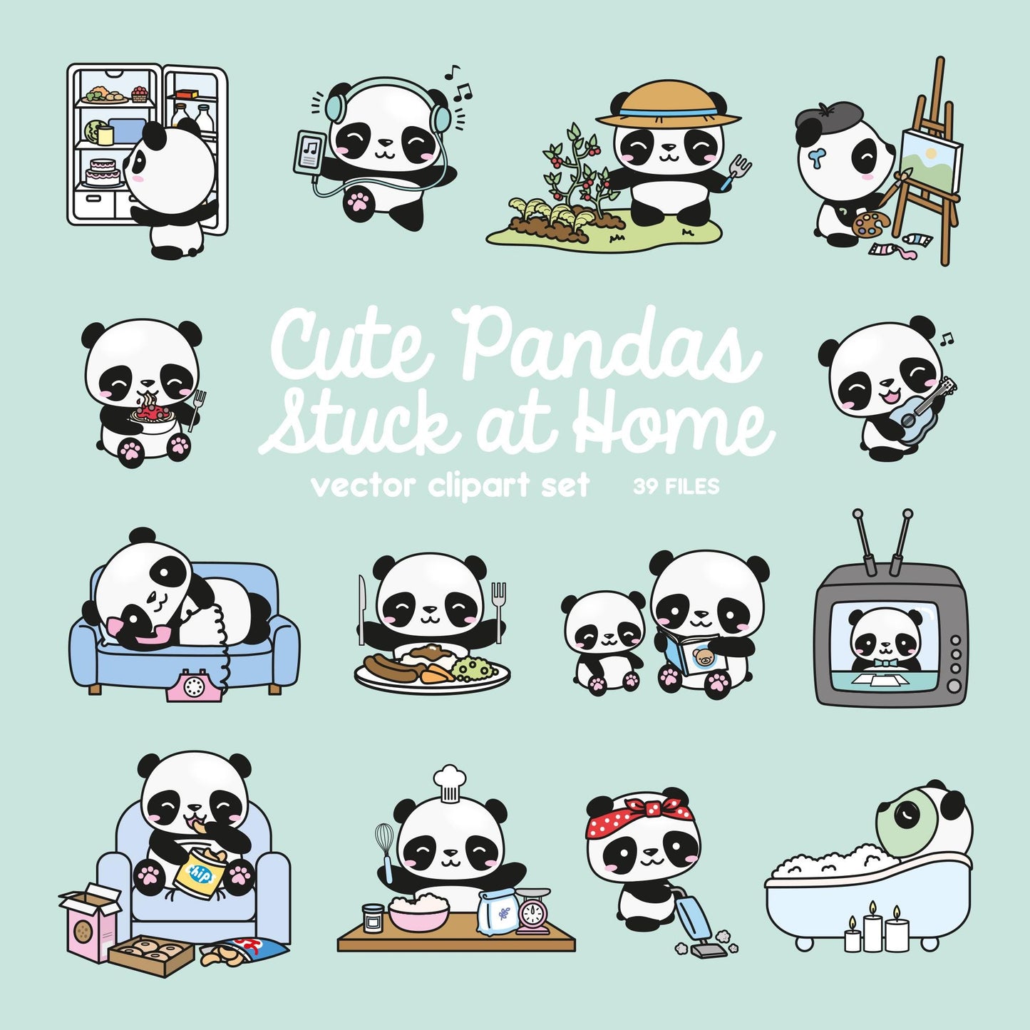 Premium Vector Clipart - Kawaii Panda - Cute Pandas Locked Down at Home Clipart - Panda Lockdown - Instant Download - Kawaii Clipart