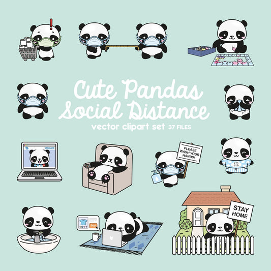 Premium Vector Clipart - Kawaii Panda - Cute Panda Social Distancing Clipart - Pandas Lockdown - Instant Download - Kawaii Clipart