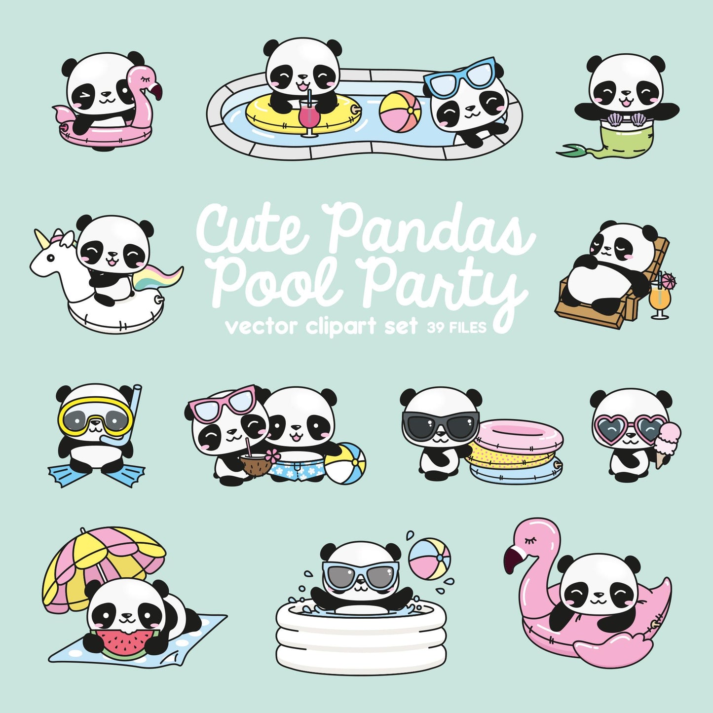 Premium Vector Clipart - Kawaii Panda - Cute Panda Pool Party Clipart - Pool Party - Instant Download - Kawaii Clipart