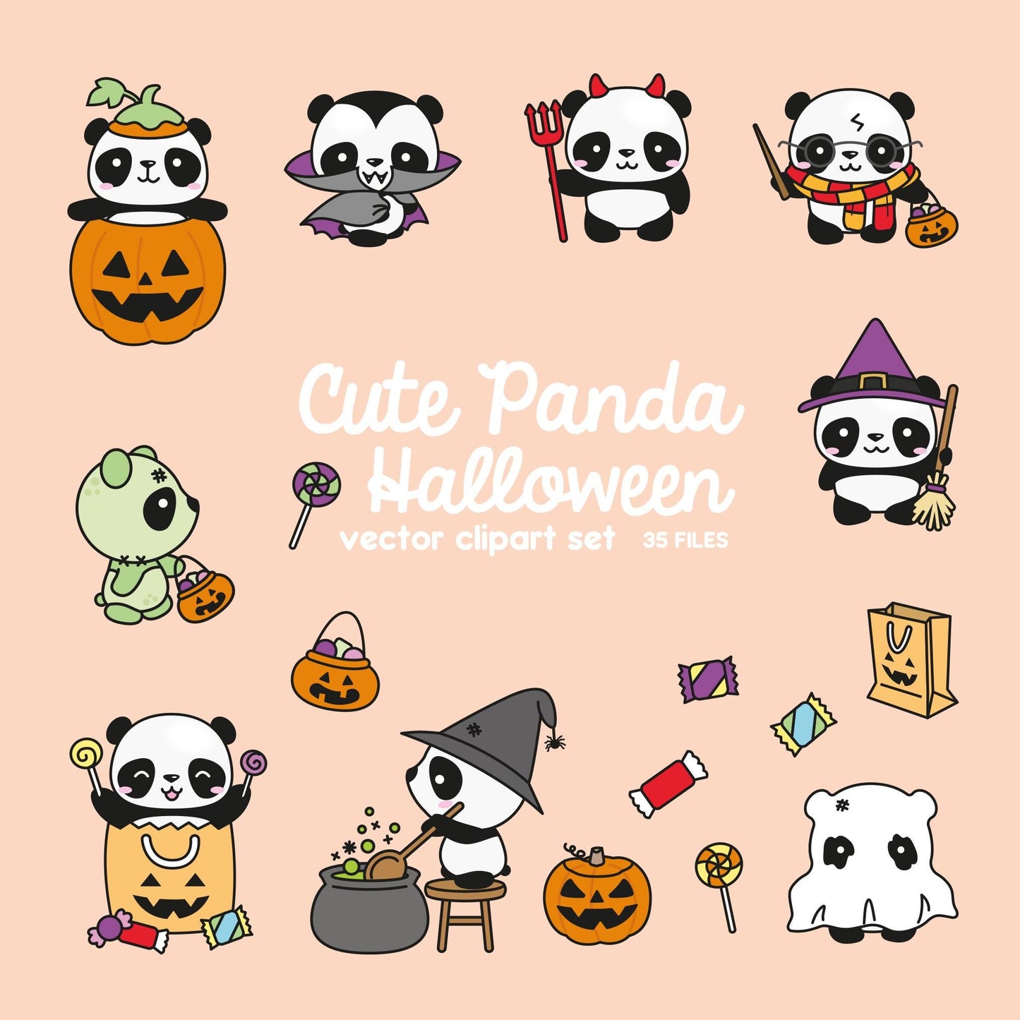 Premium Vector Clipart - Kawaii Halloween Pandas - Cute Halloween Pandas Clipart Set - High Quality Vectors - Kawaii Halloween Clipart