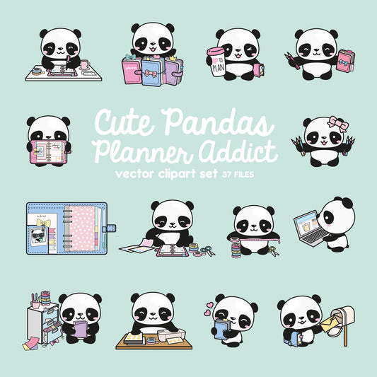 Premium Vector Clipart - Kawaii Panda - Cute Pandas Planner Addict Clipart - Panda Loves Planning - Instant Download - Kawaii Clipart