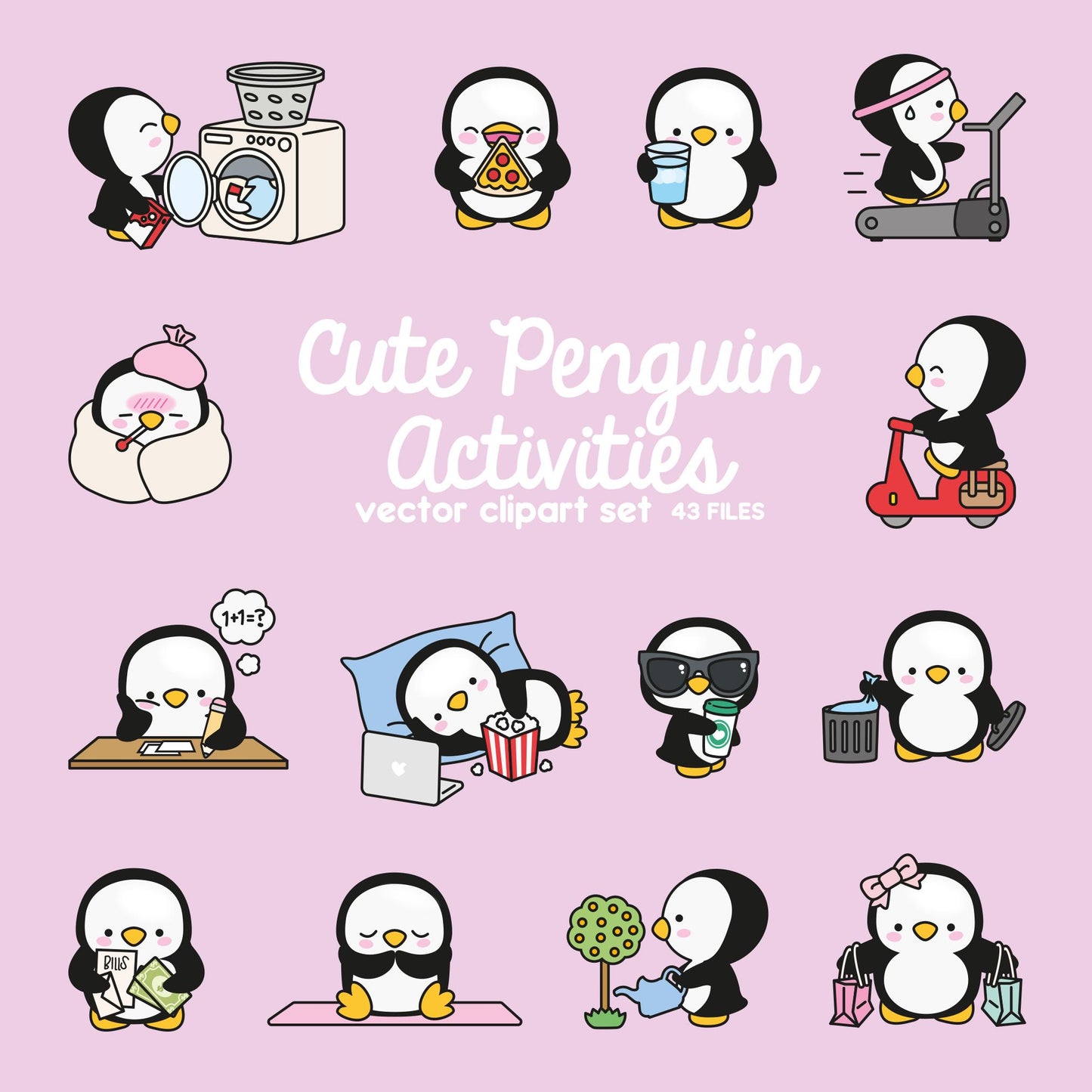 Premium Vector Clipart - Kawaii  Penguin - Cute Penguin Planning Clipart - Instant Download - Kawaii Clipart