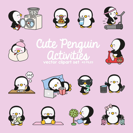 Premium Vector Clipart - Kawaii  Penguin - Cute Penguin Planning Clipart - Instant Download - Kawaii Clipart