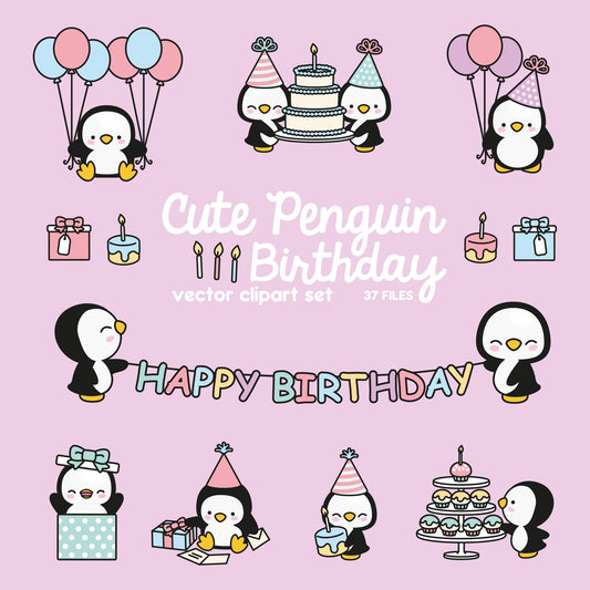 Premium Vector Clipart - Kawaii Birthday Penguins - Cute Birthday Penguins Clipart Set - High Quality Vectors - Kawaii Christmas Clipart