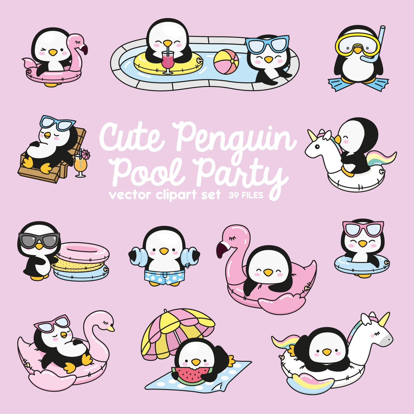 Premium Vector Clipart - Kawaii Penguin - Cute Penguin Pool Party Clipart - Pool Party - Instant Download - Kawaii Clipart