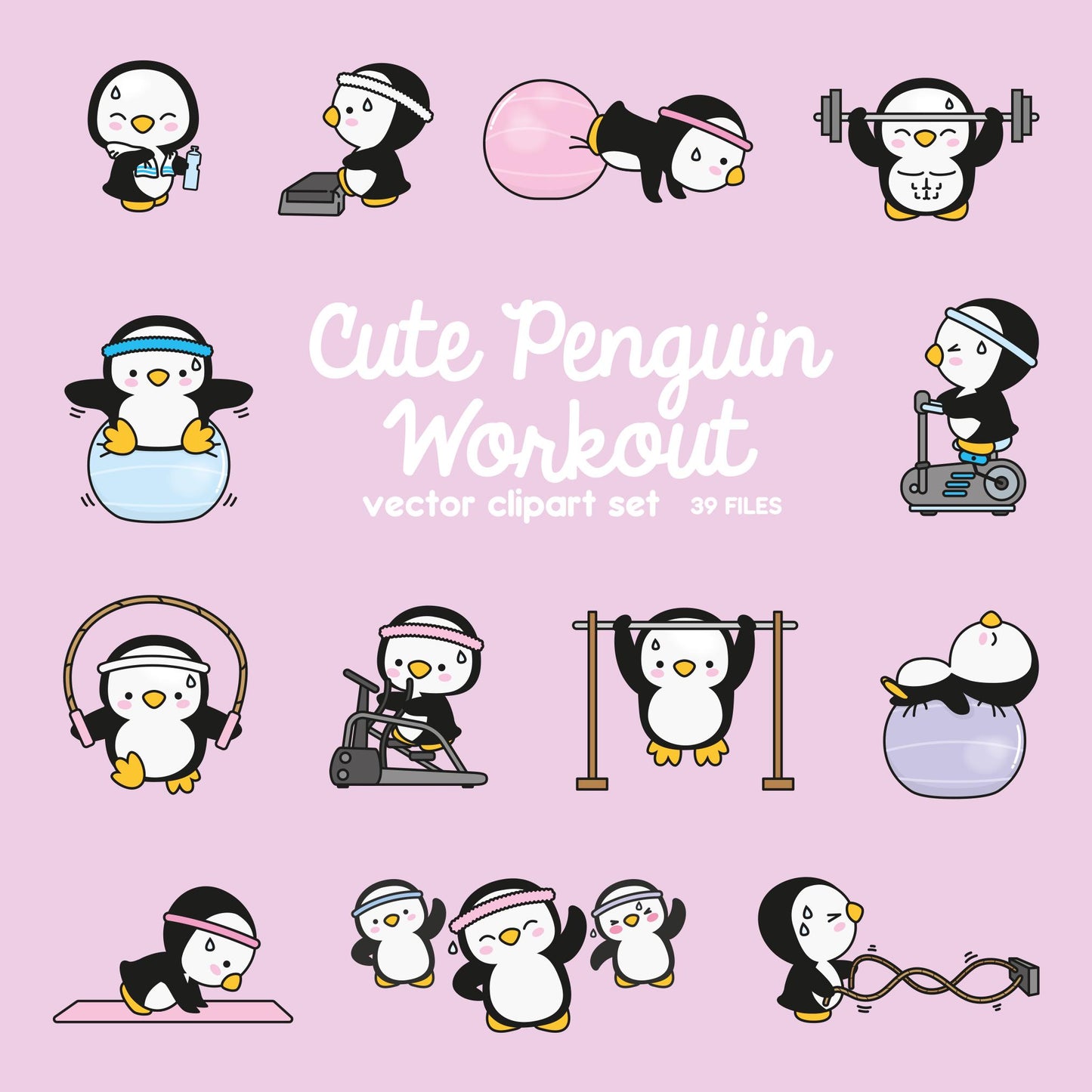 Premium Vector Clipart - Kawaii Workout Penguins - Cute Workout Penguins Clipart Set - High Quality Vectors - Kawaii Workout Clipart