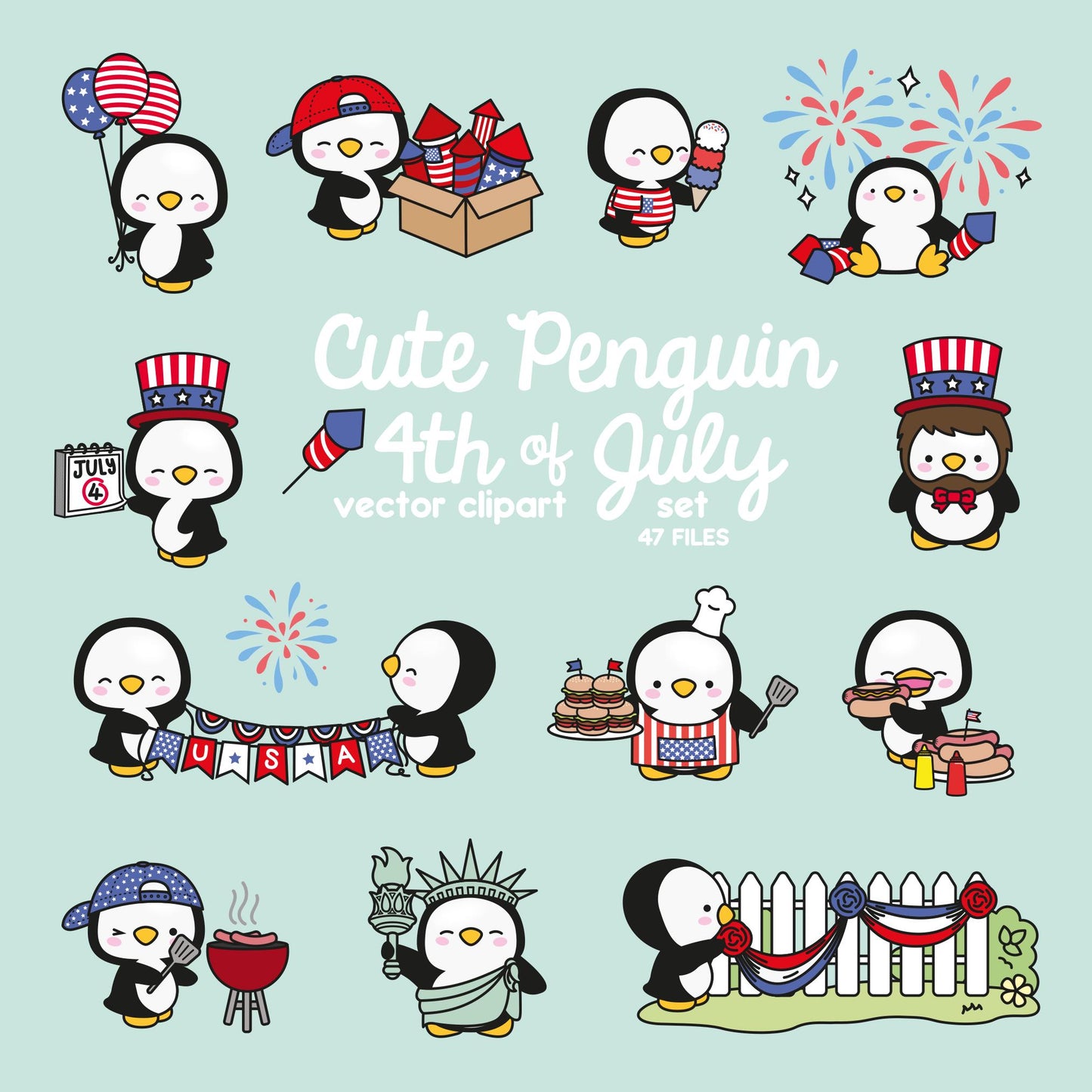 Premium Vector Clipart - Kawaii Penguin - Cute Penguin Clipart - 4th of July Penguins - Independence Day BBQ - Kawaii Clipart