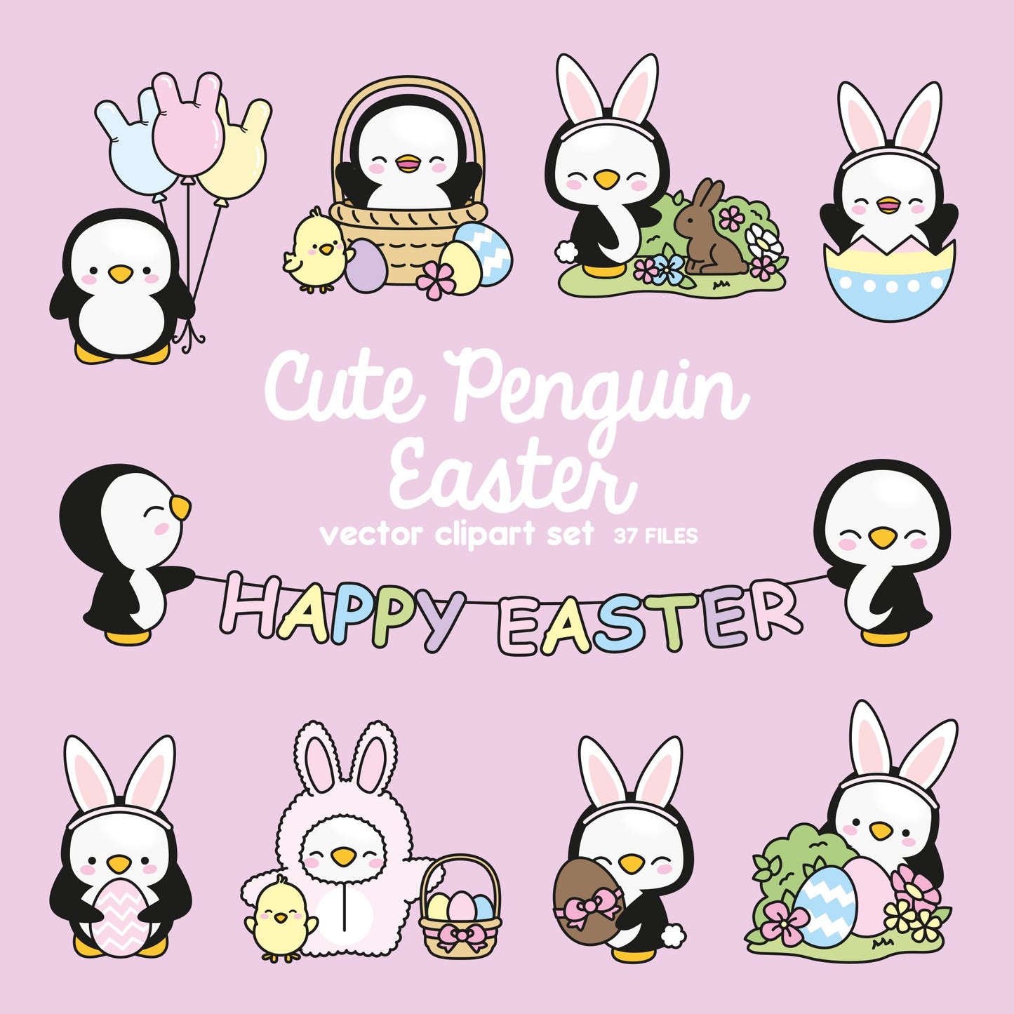 Premium Vector Clipart - Kawaii Easter Penguins - Cute Easter Penguins Clipart Set - High Quality Vectors - Kawaii Easter Clipart