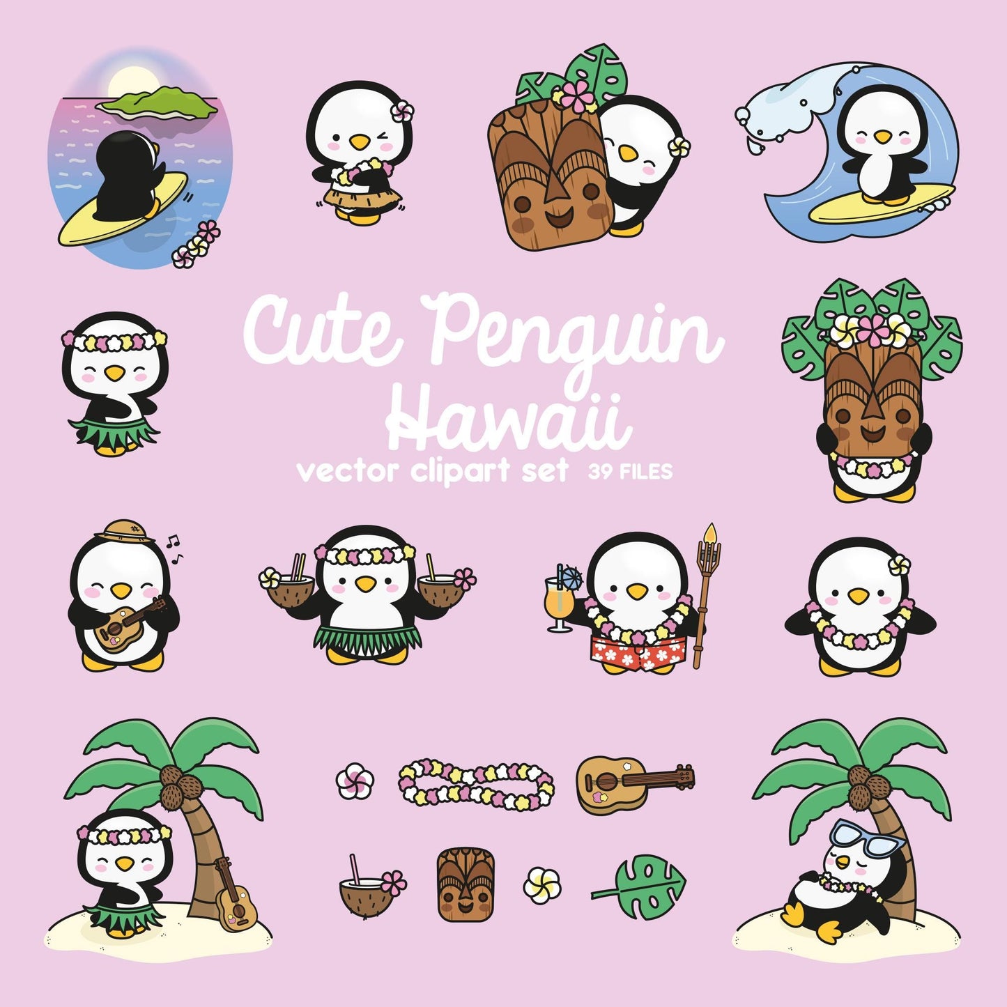 Premium Vector Clipart - Kawaii Penguin - Cute Penguin in Hawaii Clipart - Hawaii - Instant Download - Kawaii Clipart