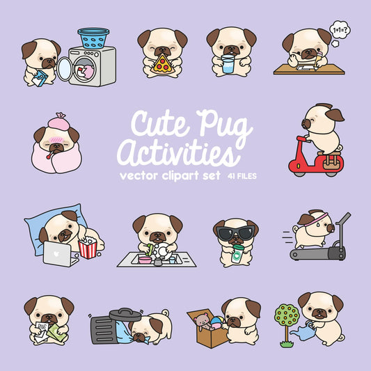 Premium Vector Clipart - Kawaii Pug - Cute Pugs Planning Clipart - Instant Download - Kawaii Clipart