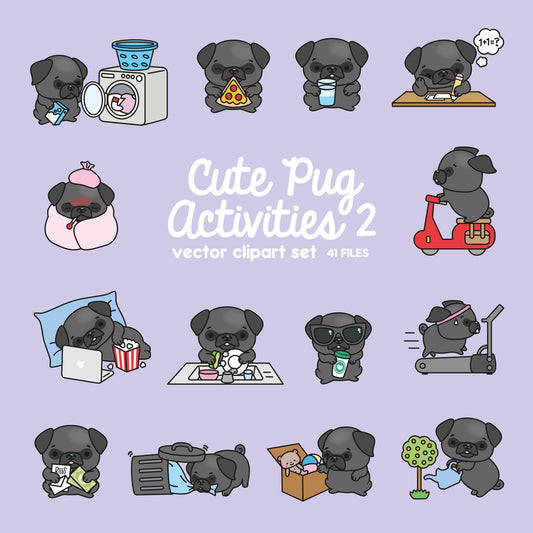 Premium Vector Clipart - Kawaii Black Pug - Cute Black Pugs Planning Clipart - Instant Download - Kawaii Clipart