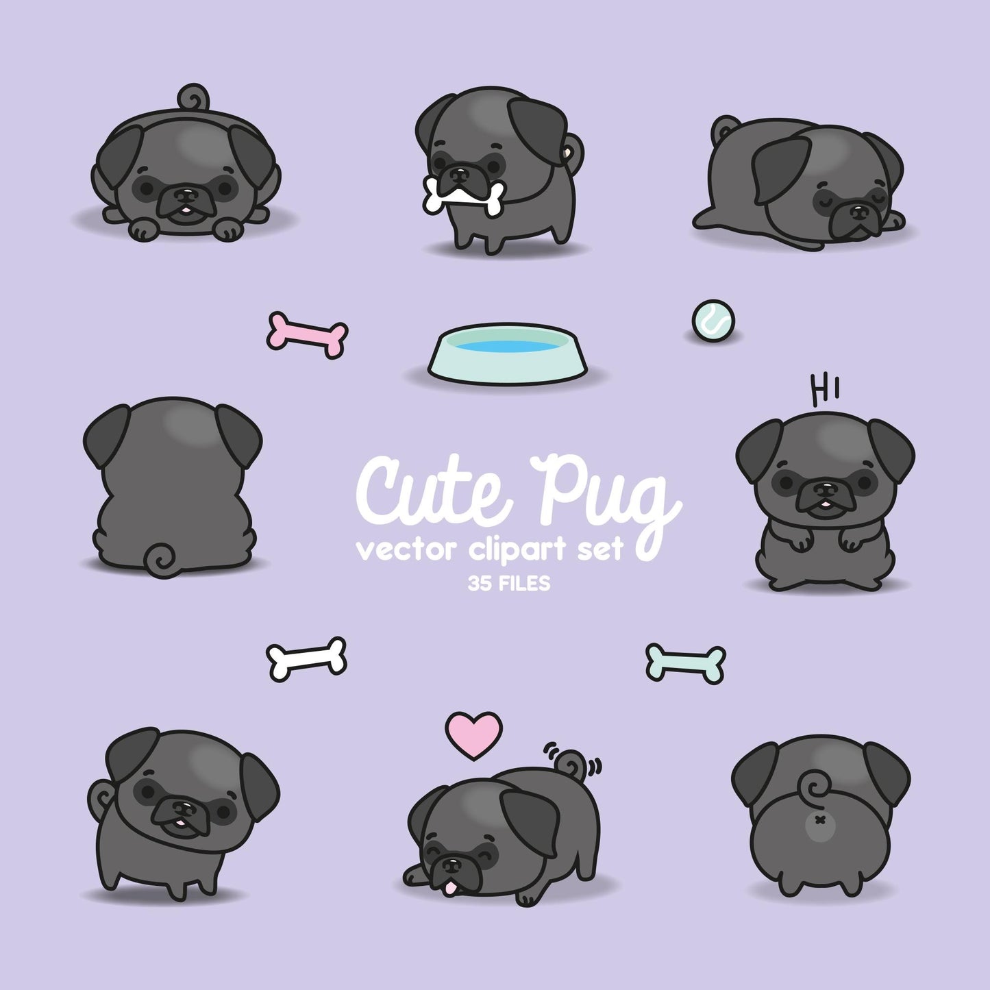 Premium Vector Clipart - Kawaii Pugs - Cute Black Pugs Clipart Set - High Quality Vectors - Instant Download - Kawaii Clipart