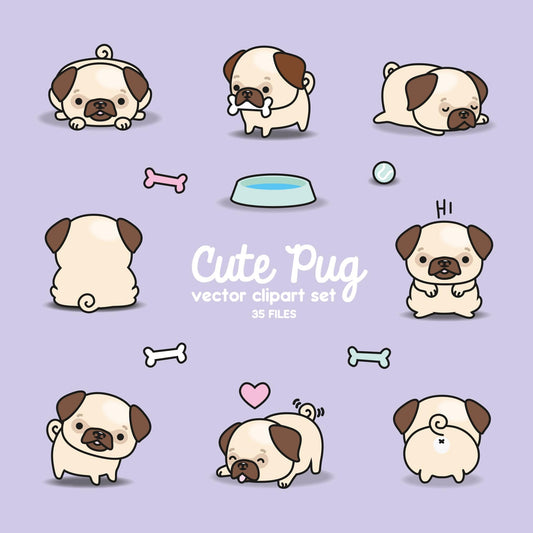 Premium Vector Clipart - Kawaii Pugs - Cute Pugs Clipart Set - High Quality Vectors - Instant Download - Kawaii Clipart