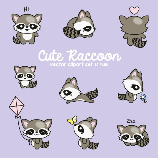 Premium Vector Clipart - Kawaii Raccoons - Cute Raccoons Clipart Set - High Quality Vectors - Instant Download - Kawaii Clipart