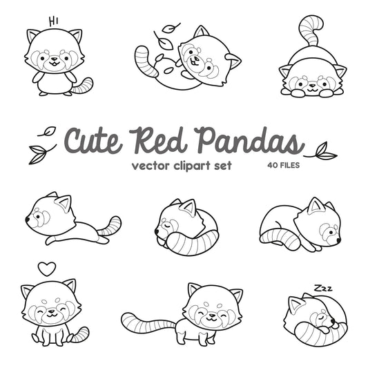 Premium Vector Clipart - Kawaii Red Panda Outlines - Cute Red Pandas Outlines Clipart Set - High Quality Vectors - Instant Download