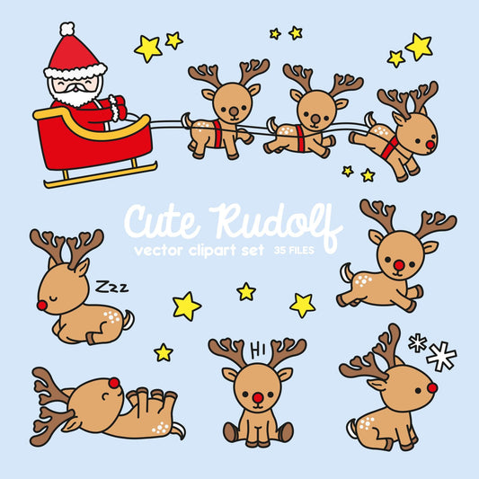 Premium Vector Clipart - Kawaii Rudolph the Red Nosed Reindeer - Cute Reindeer Clipart Set - High Quality Vectors - Kawaii Christmas Clipart