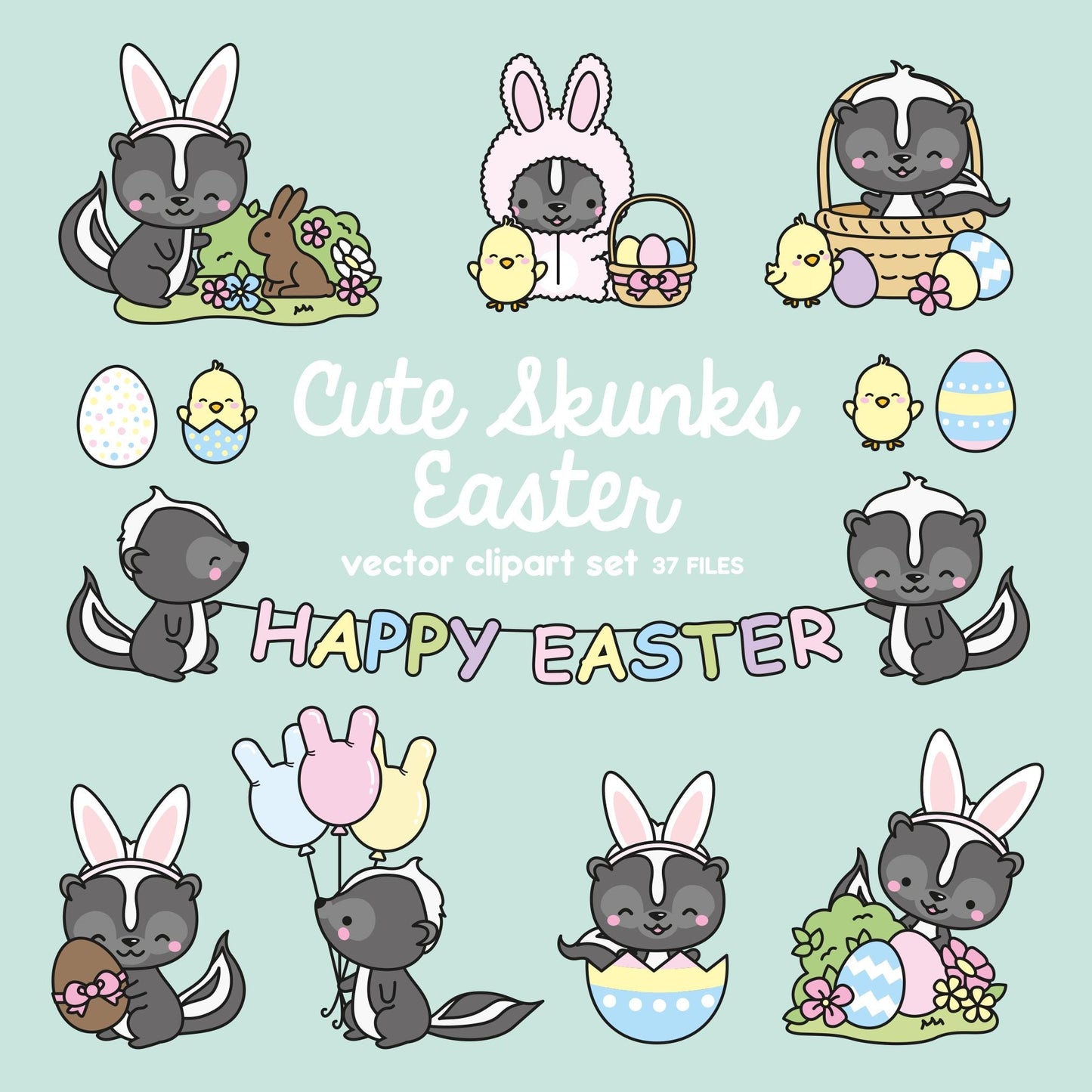 Premium Vector Clipart - Kawaii Easter Skunks - Cute Easter Skunks Clipart Set - High Quality Vectors - Kawaii Easter Clipart