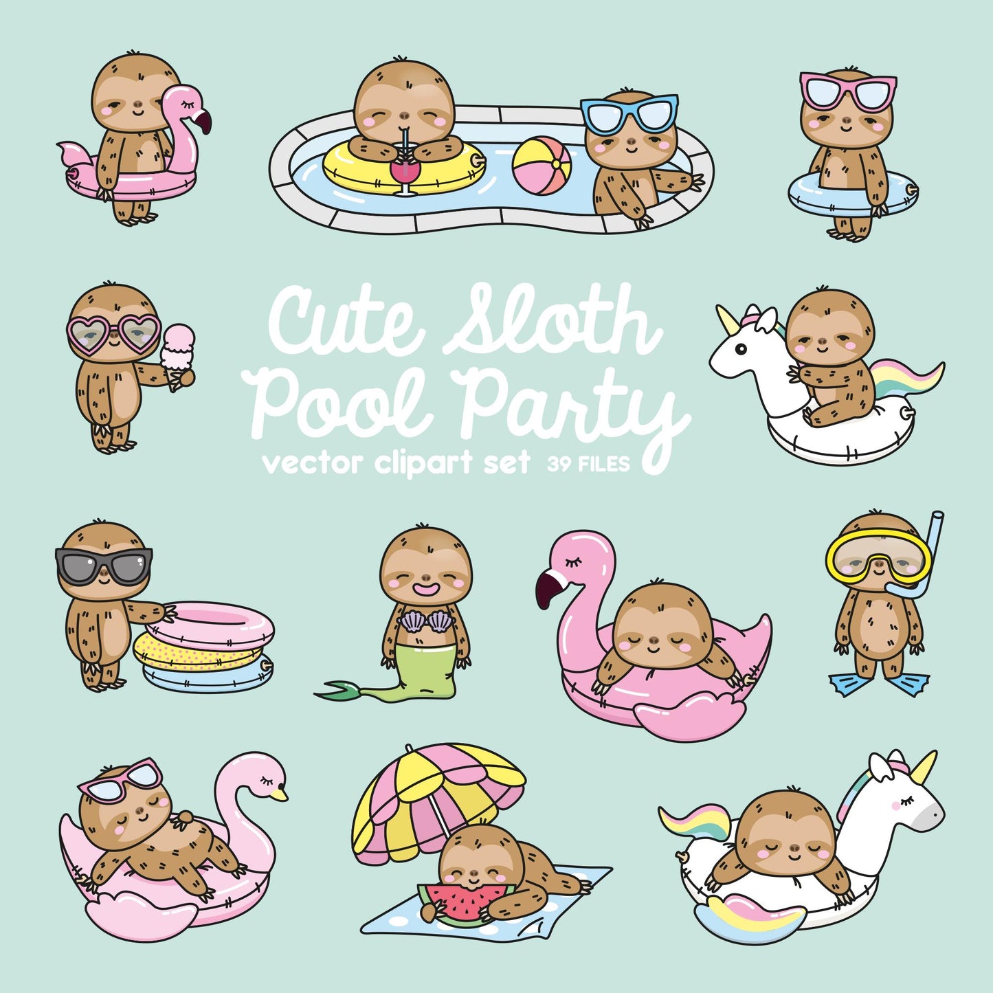 Premium Vector Clipart - Kawaii Sloth - Cute Sloth Pool Party Clipart - Pool Party - Instant Download - Kawaii Clipart