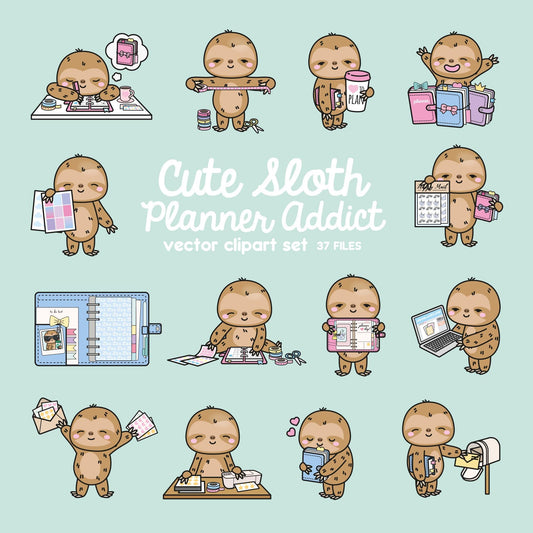 Premium Vector Clipart - Kawaii Sloth - Cute Sloths Planner Addict Clipart - Sloth Loves Planning - Instant Download - Kawaii Clipart