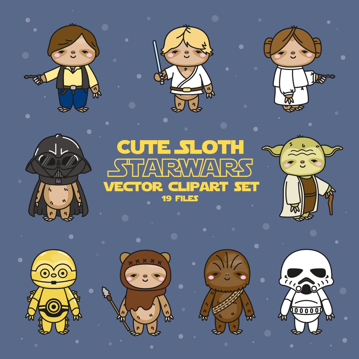 Premium Vector Clipart - Kawaii Sloths Star Wars - Cute Sloths Clipart Set - High Quality Vectors - Kawaii Star Wars Clipart