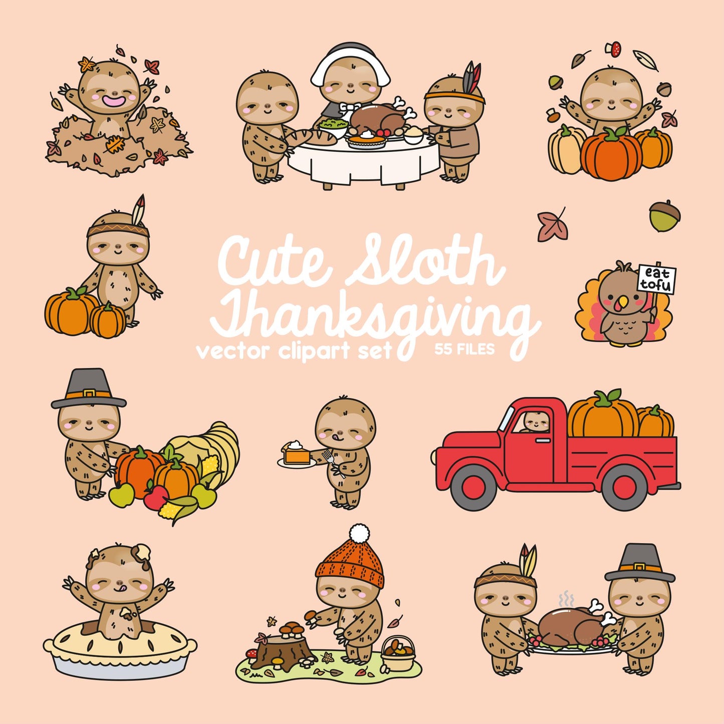 Premium Vector Clipart - Kawaii Thankgiving Sloths - Cute Thangiving Sloths Clipart - High Quality Vectors - Kawaii Thanksgiving Clipart